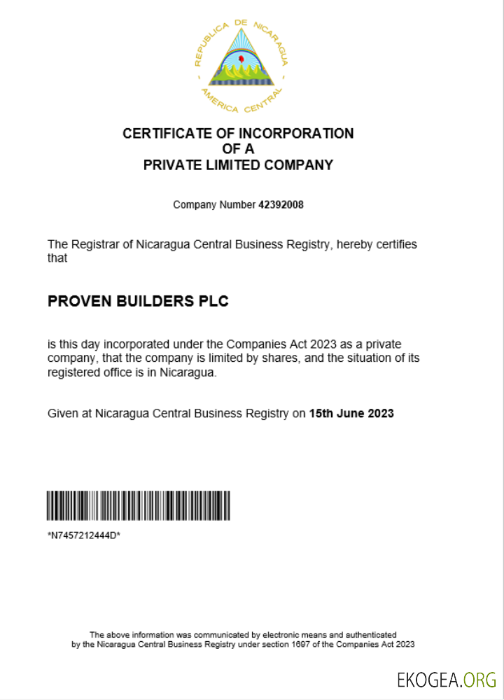 Modèle Word et PDF de certificat d'enregistrement d'entreprise au Nicaragua